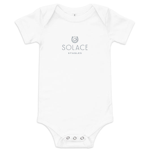 Infant Onesie "SOLACE STABLES" Embroidered in Storm Grey on Classic White, Pink, or Blue