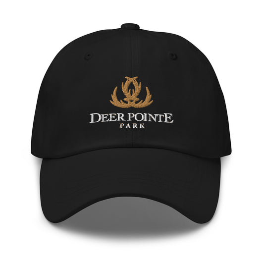 Adjustable Cap "DEER POINTE PARK" Embroidered in Classic White & Old Gold on Basic Black