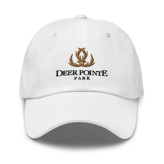 Adjustable Cap "DEER POINTE PARK" Embroidered in Basic Black & Old Gold on Classic White