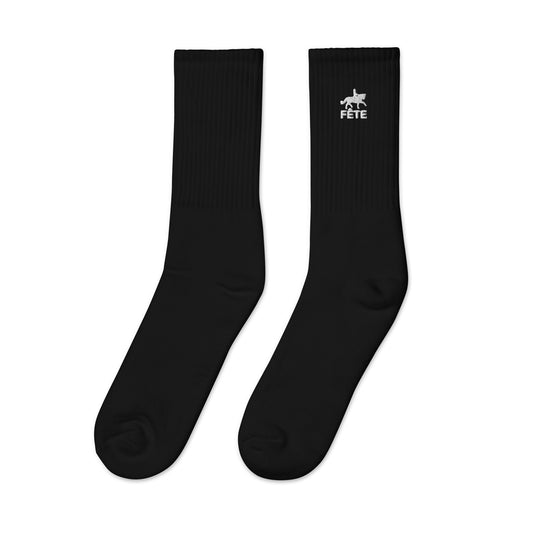 Crew Socks "FÊTE" Equestrian Embroidered in Classic White on Basic Black or Heather Grey