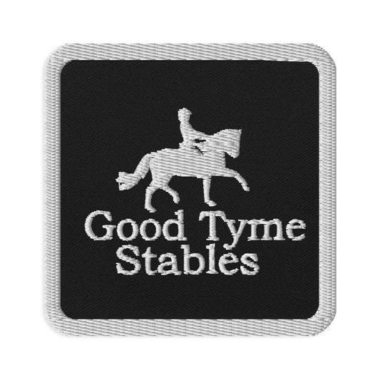 Square Patch "GOOD TYME STABLES" Embroidered in Classic White on Basic Black