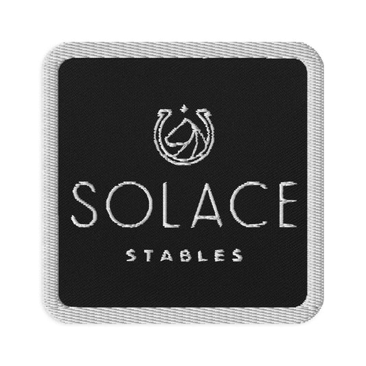 Square Patch "SOLACE STABLES" Embroidered in Classic White on Basic Black