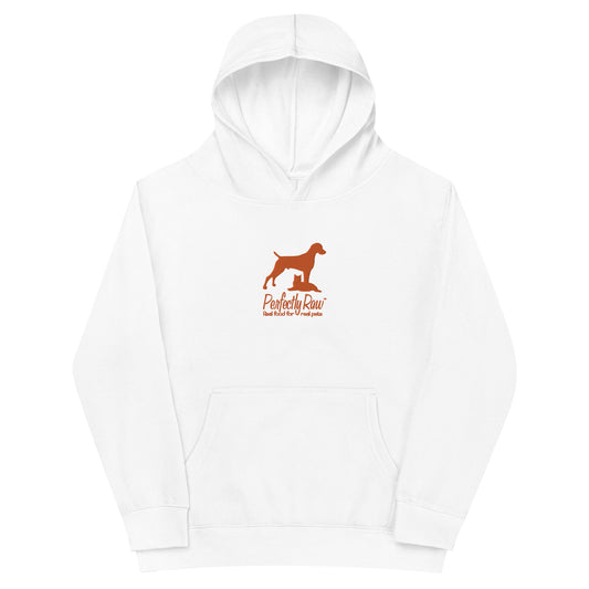 Children's Fleece Hoodie "PERFECTLY RAW PET FOOD" Embroidered in Pumpkin Orange on Classic White or Basic Black