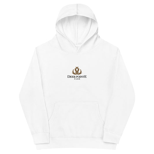 Children's Fleece Hoodie "DEER POINTE PARK" Embroidered in Basic Black & Old Gold on Classic White