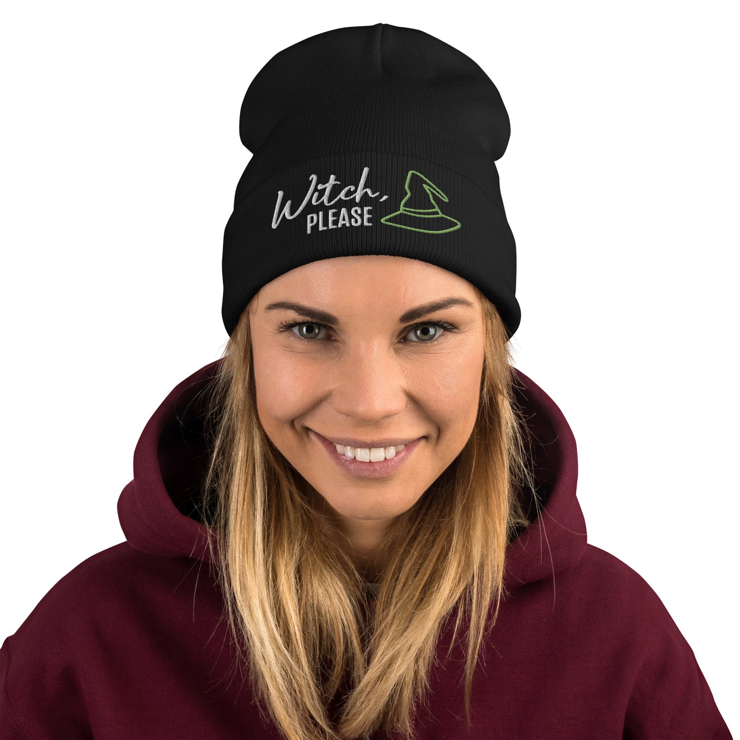 FALL LIMITED EDITION Beanie "WITCH, PLEASE" Embroidered in Classic White & Poison Green on Basic Black