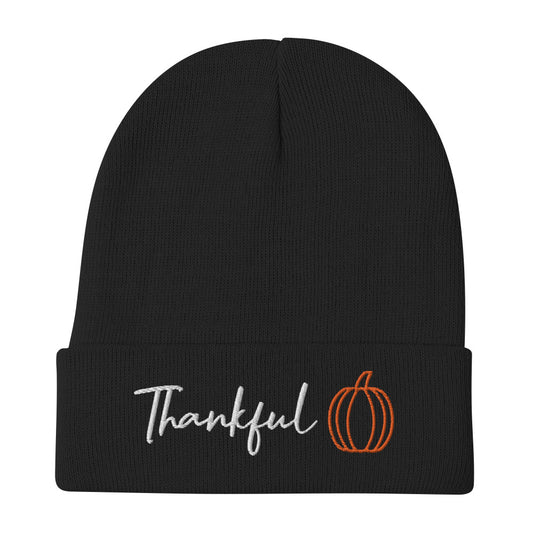 FALL LIMITED EDITION Beanie "THANKFUL" Embroidered in Classic White & Pumpkin Orange on Basic Black