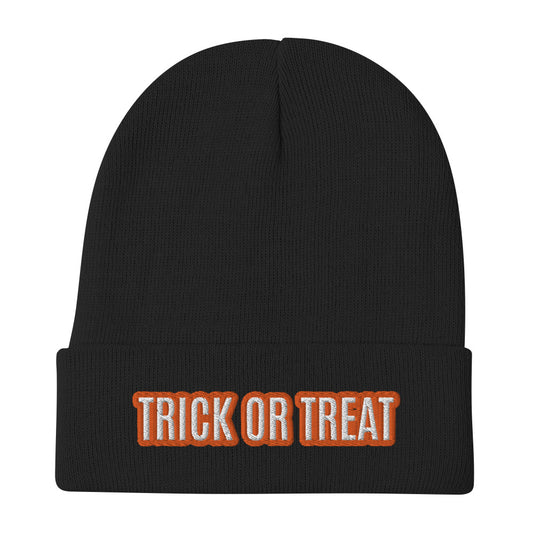 FALL LIMITED EDITION Beanie "TRICK OR TREAT" Embroidered in Classic White & Pumpkin Orange on Basic Black