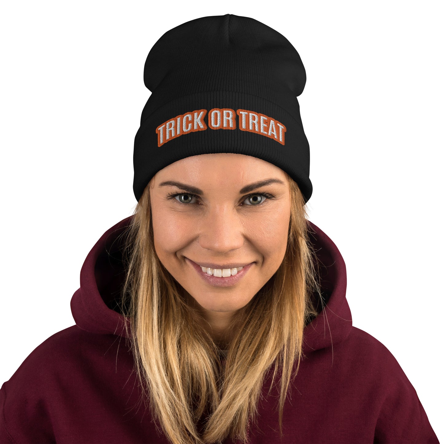 FALL LIMITED EDITION Beanie "TRICK OR TREAT" Embroidered in Classic White & Pumpkin Orange on Basic Black