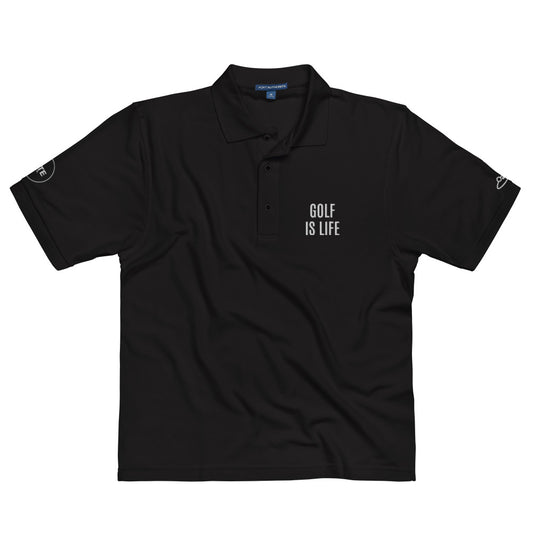 Men's Polo Shirt "GOLF IS LIFE" Embroidered in Classic White on Basic Black, French Navy or Storm Grey