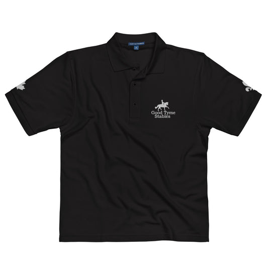 Men's Polo Shirt "GOOD TYME STABLES" Embroidered in Classic White on Basic Black, Canadian Red, French Navy or Storm Grey with Custom Sleeves