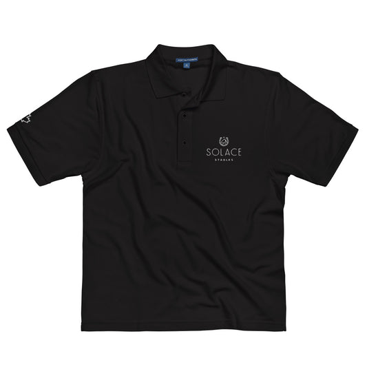 Men's Polo Shirt "SOLACE STABLES" Embroidered in Classic White on Basic Black, Canadian Red, French Navy or Storm Grey with Custom Sleeve