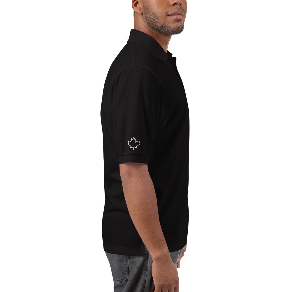 Men's Polo Shirt "SOLACE STABLES" Embroidered in Classic White on Basic Black, Canadian Red, French Navy or Storm Grey with Custom Sleeve
