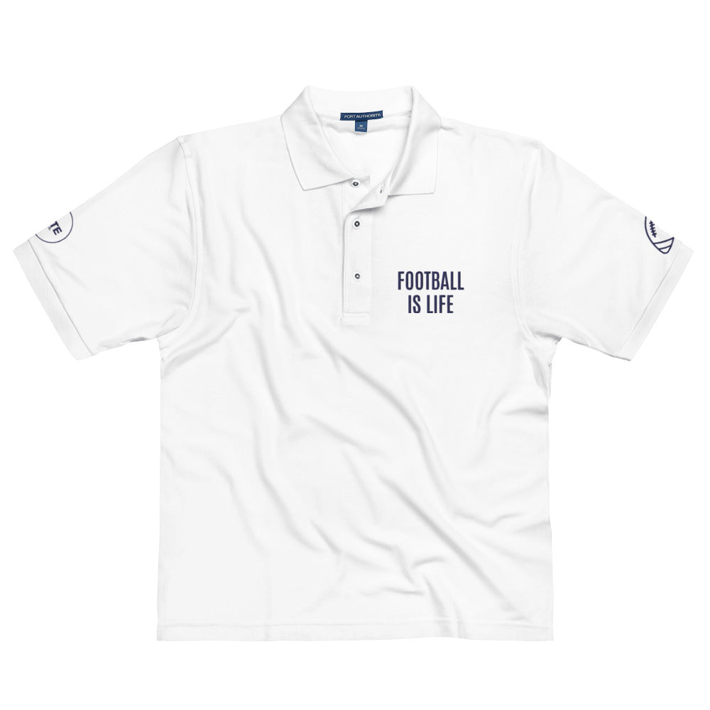 Men's Polo Shirt "FOOTBALL IS LIFE" Embroidered in French Navy on Classic White