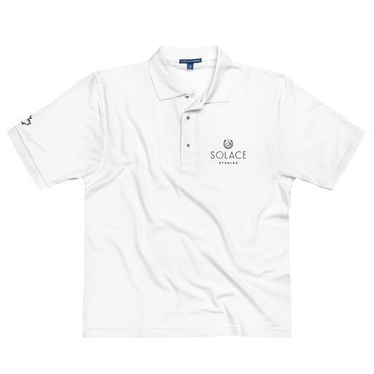 Men's Polo Shirt "SOLACE STABLES" Embroidered in Basic Black on Classic White