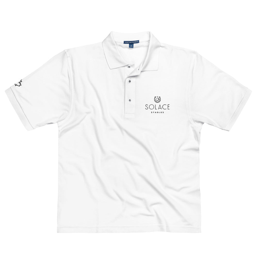 Men's Polo Shirt "SOLACE STABLES" Embroidered in Basic Black on Classic White