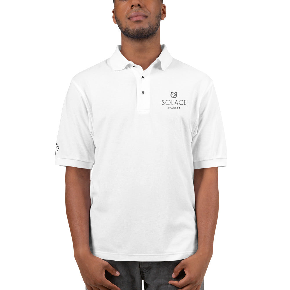 Men's Polo Shirt "SOLACE STABLES" Embroidered in Basic Black on Classic White