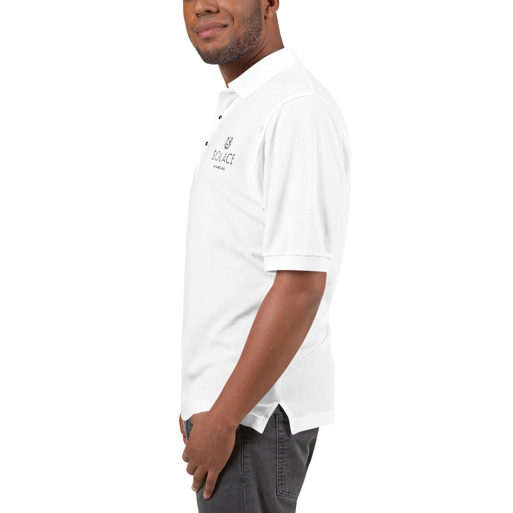 Men's Polo Shirt "SOLACE STABLES" Embroidered in Basic Black on Classic White