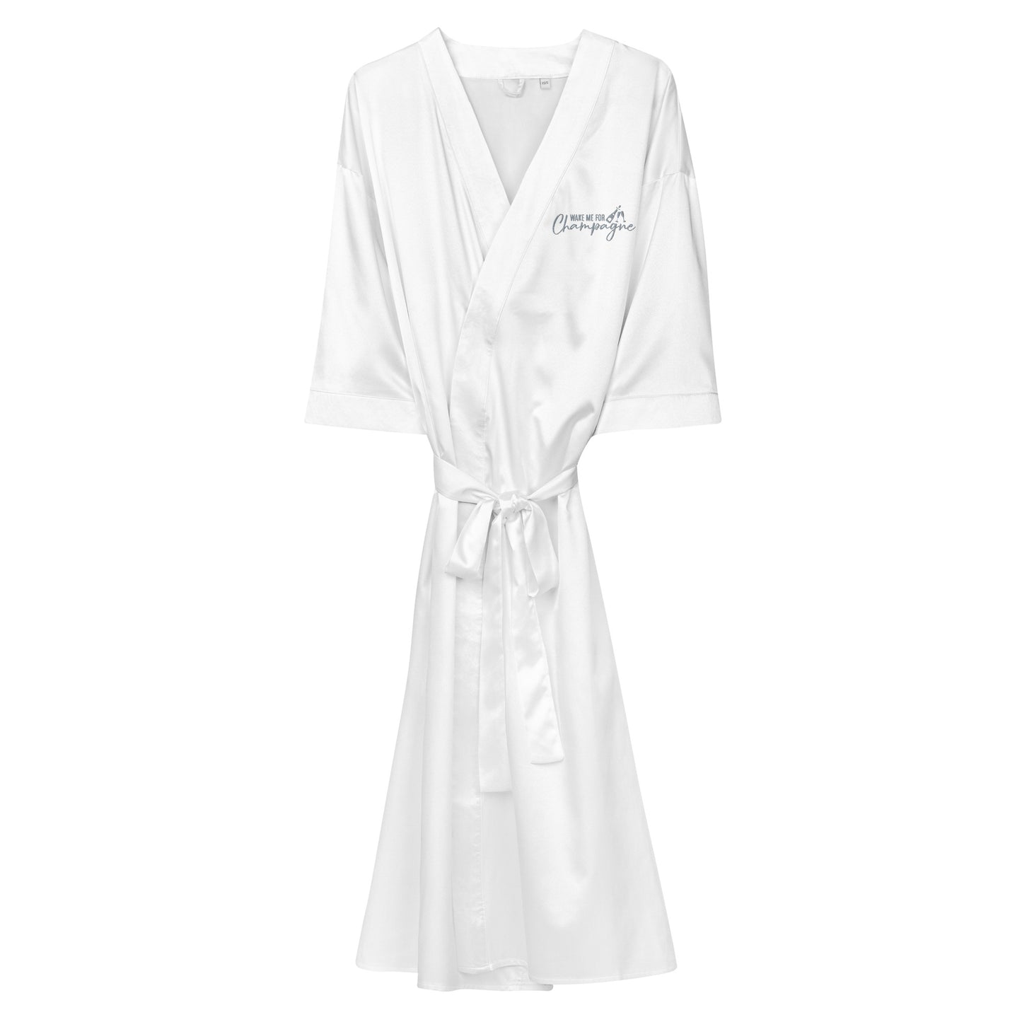 Satin Robe "WAKE ME FOR CHAMPAGNE" Embroidered in Storm Grey on Classic White