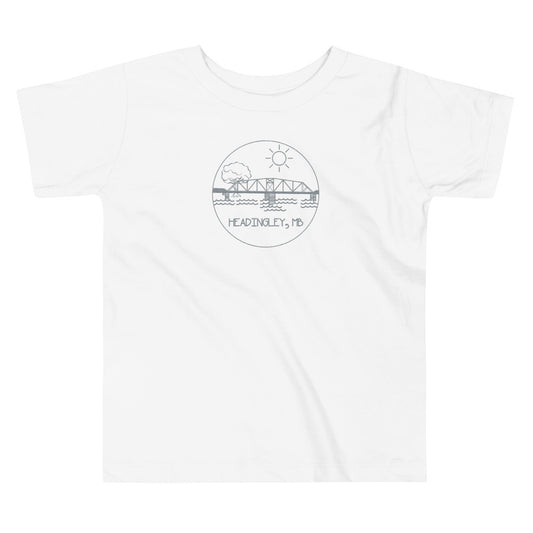 Children's T-Shirt "HEADINGLEY, MB" Embroidered in Storm Grey on Classic White, Blue or Pink