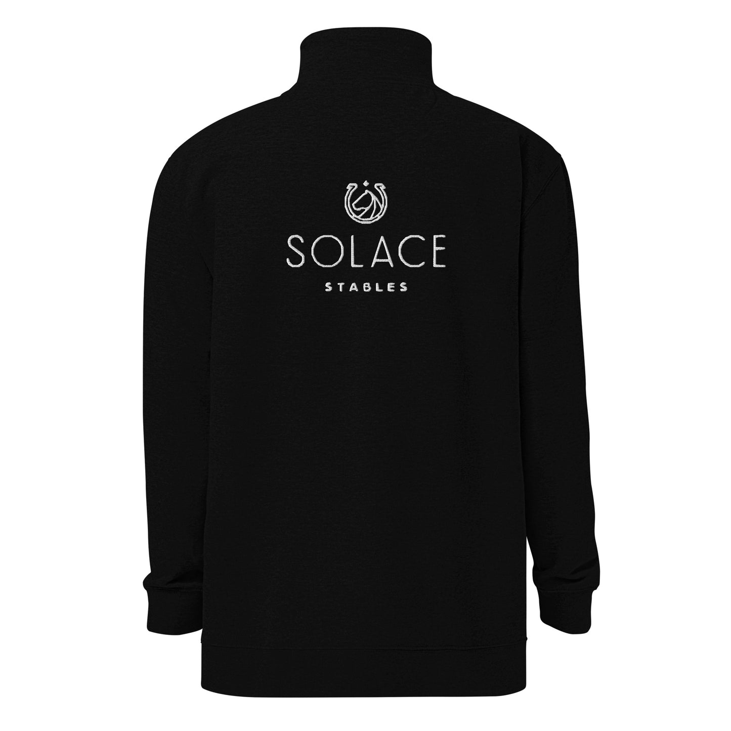 Adult Fleece Pullover "SOLACE STABLES" Embroidered Back in Classic White on Basic Black