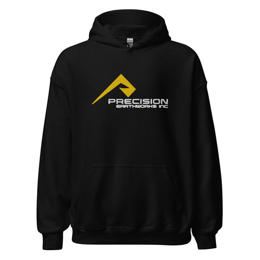 Adult Traditional Hoodie "PRECISION EARTHWORKS INC" Embroidered in Classic White & Gold on Basic Black