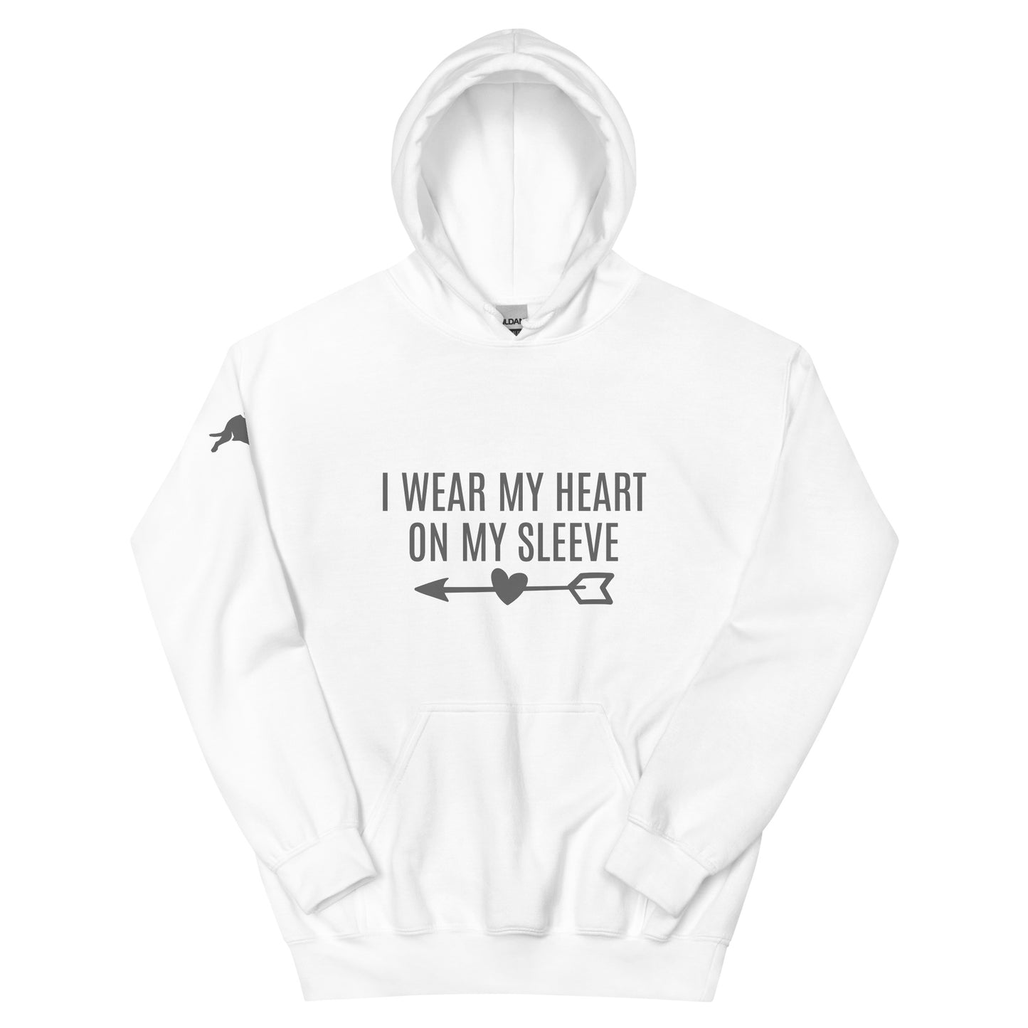 Adult Traditional Hoodie "I WEAR MY HEART ON MY SLEEVE" Dog in Storm Grey on Classic White, Light Blue or Light Pink