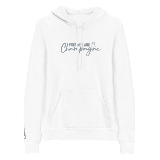 Adult Hoodie "PAIRS WELL WITH CHAMPAGNE" Embroidered in Storm Grey on Classic White