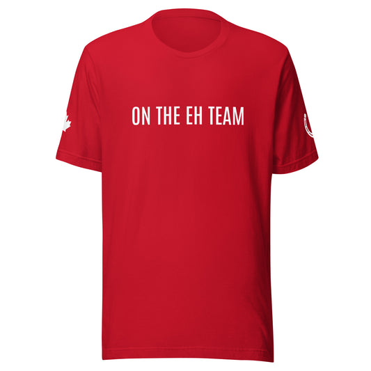 Men's T-Shirt "ON THE EH TEAM" Maple Leaf & Horseshoe in Classic White on Canadian Red