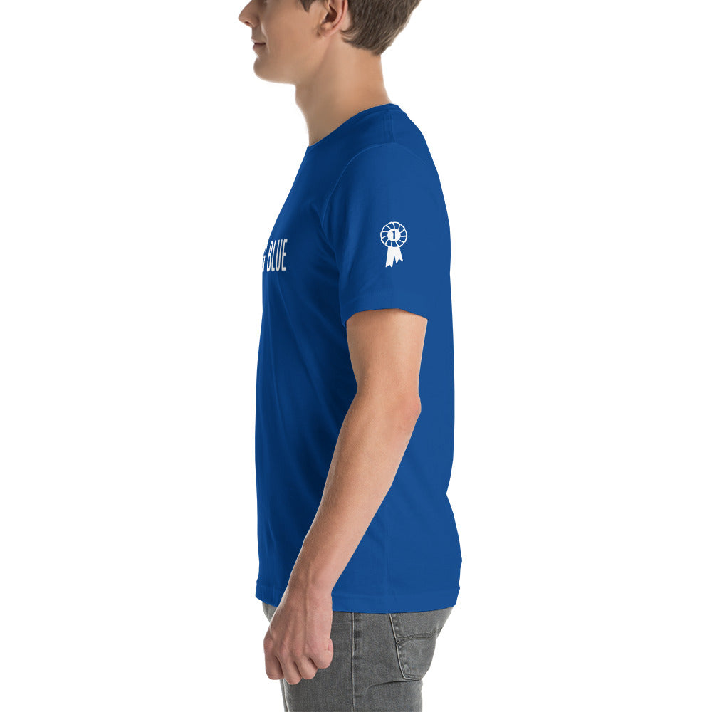 Men's T-Shirt "FEELING BLUE" in Classic White on Royal Blue