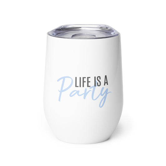 Short Tumbler "LIFE IS A PARTY" in Blue Bubblegum & Storm Grey on Classic White