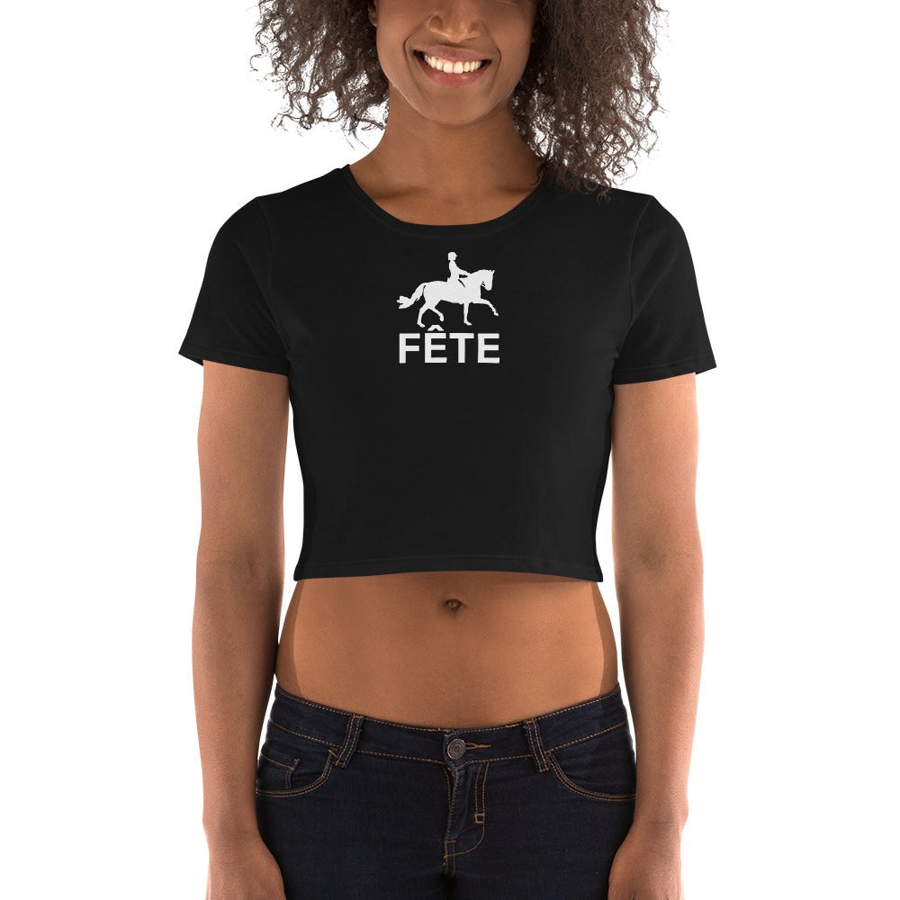 Women’s Cropped T-Shirt "FÊTE" Equestrian in Classic White on Basic Black