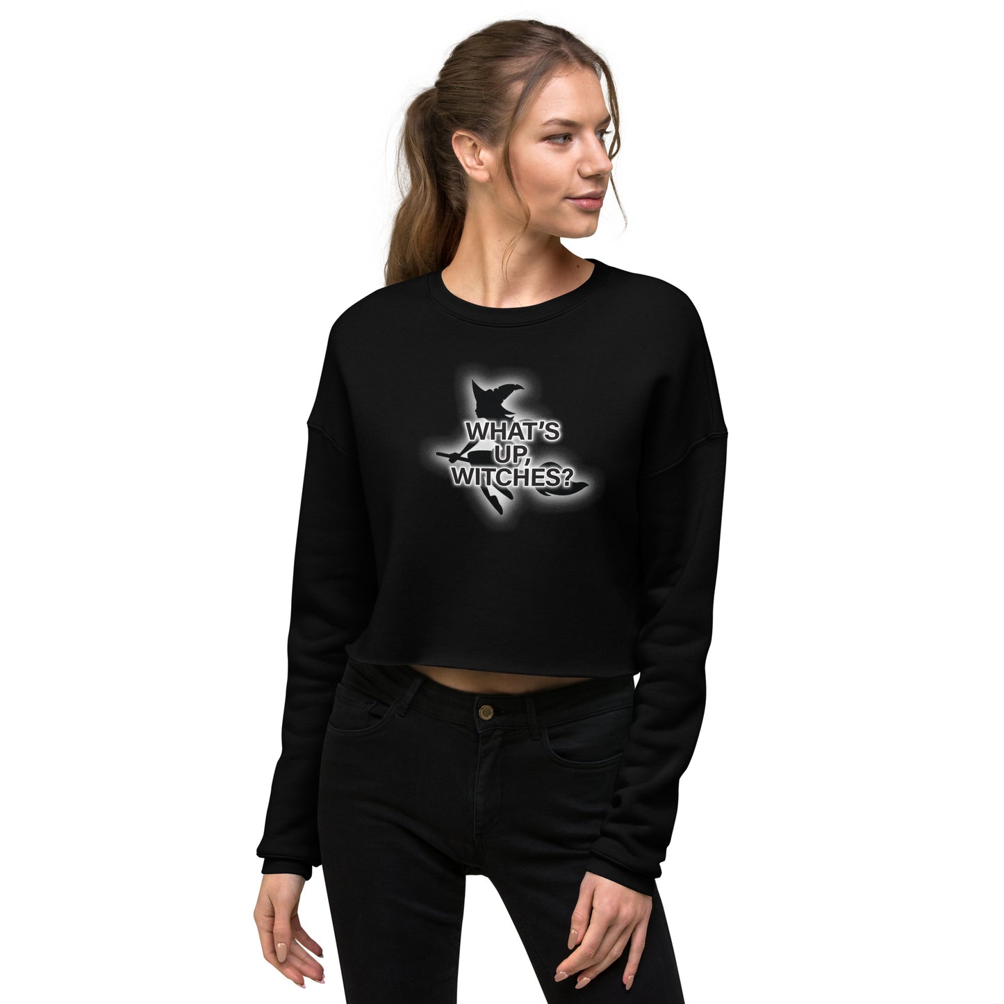 FALL LIMITED EDITION Women's Cropped Sweatshirt "WHAT'S UP, WITCHES?" in Classic White on Basic Black