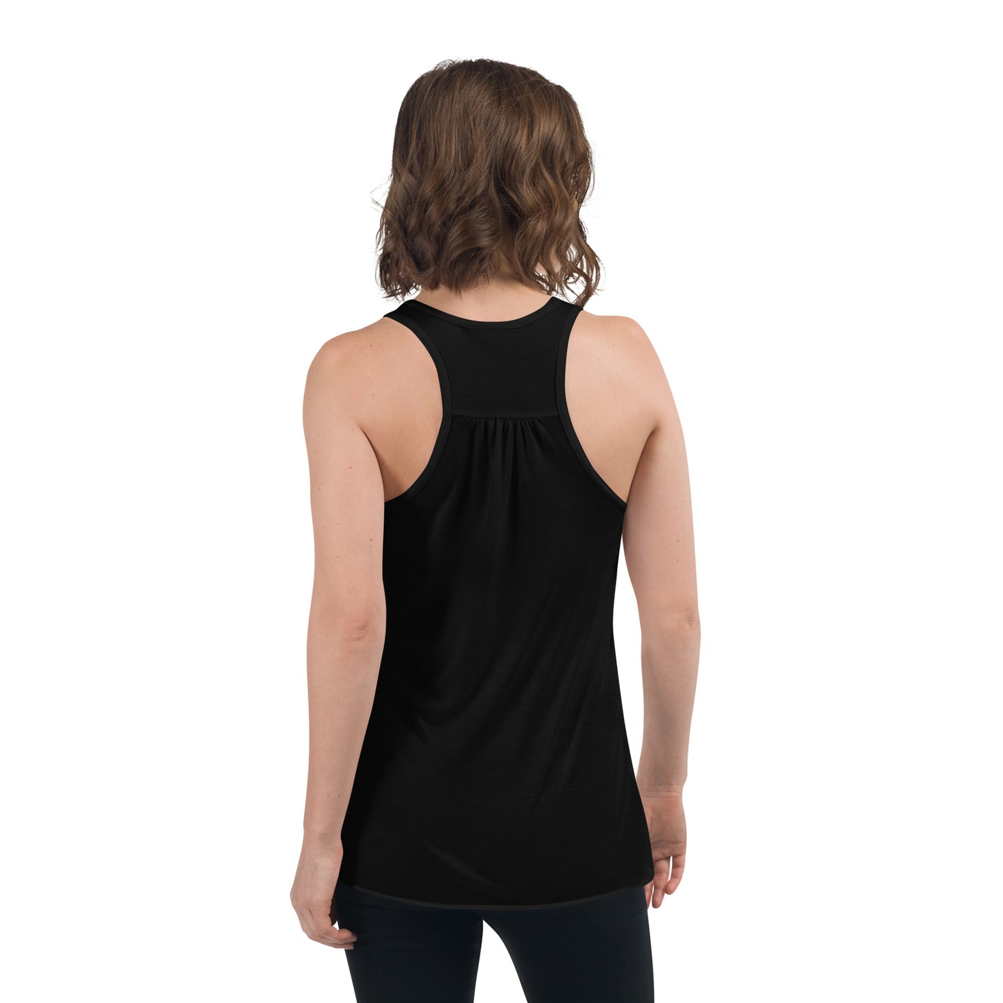 Women's Flowy Racerback Tank "SOLACE STABLES" in Classic White on Basic Black