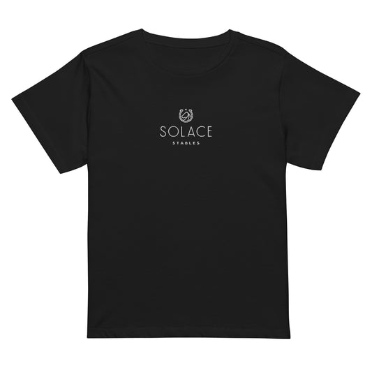 Women's High-Waisted T-Shirt "SOLACE STABLES" Embroidered in Classic White on Basic Black