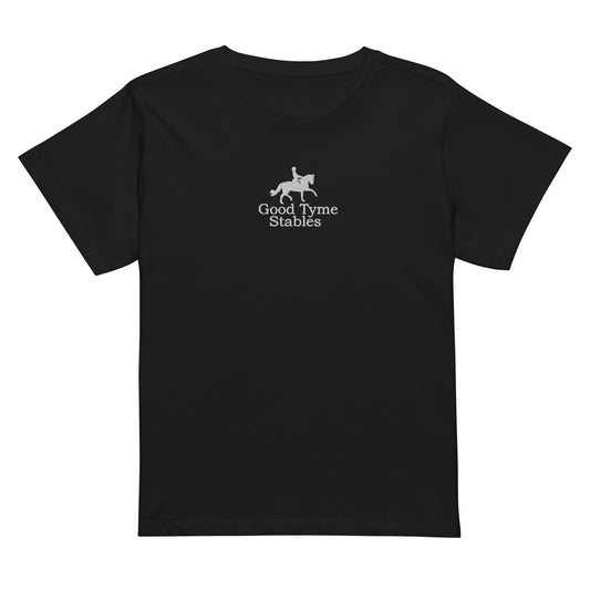 Women's High-Waisted T-Shirt "GOOD TYME STABLES" Embroidered in Classic White on Basic Black or Pine Green