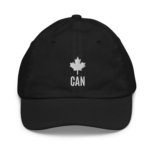 Children's & Youth Cap "CAN" Maple Leaf Embroidered in Classic White on Basic Black, French Navy or Canadian Red