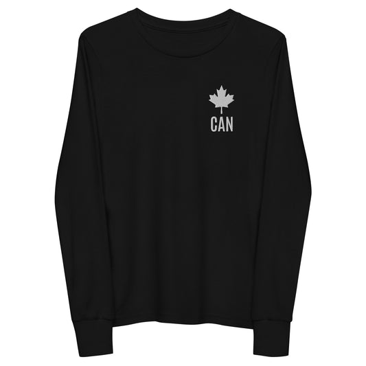 Youth Long-Sleeved Shirt "CAN" Maple Leaf Embroidered in Classic White on Basic Black, French Navy, or Canadian Red