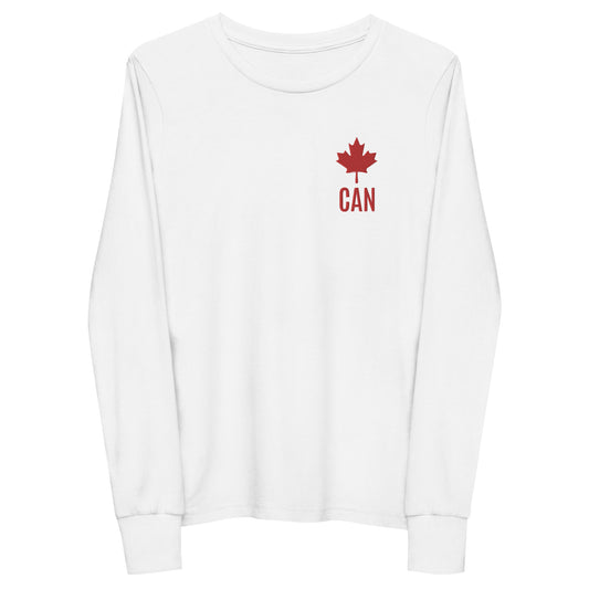 Youth Long-Sleeved Shirt "CAN" Maple Leaf Embroidered in Canadian Red on Classic White